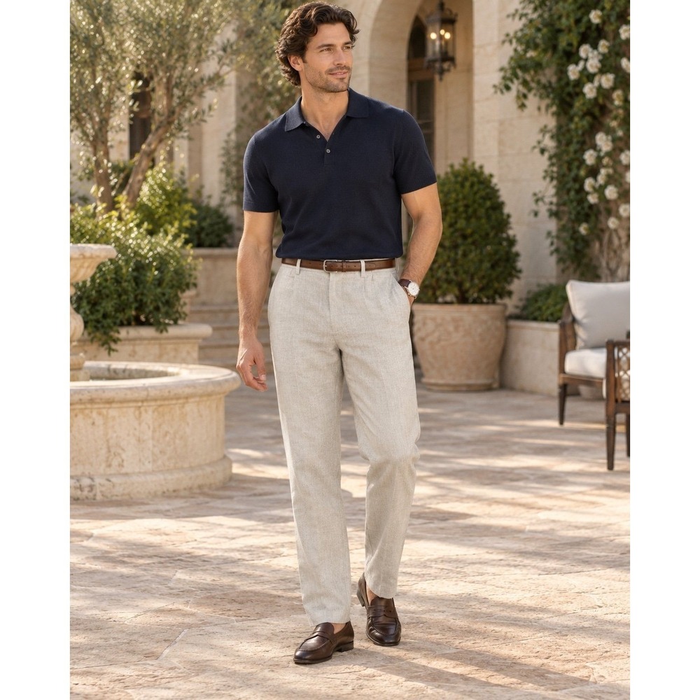 Joseph Abboud Men's S Beige Linen Blend Herringbone Classic Fit Dress Pants S